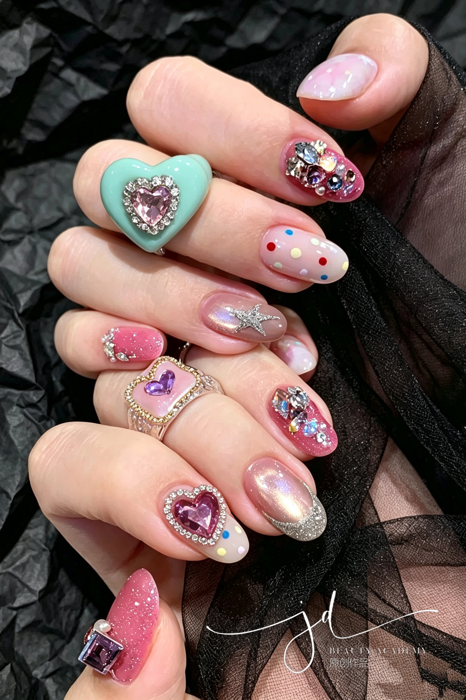 彩色波点爱心美甲